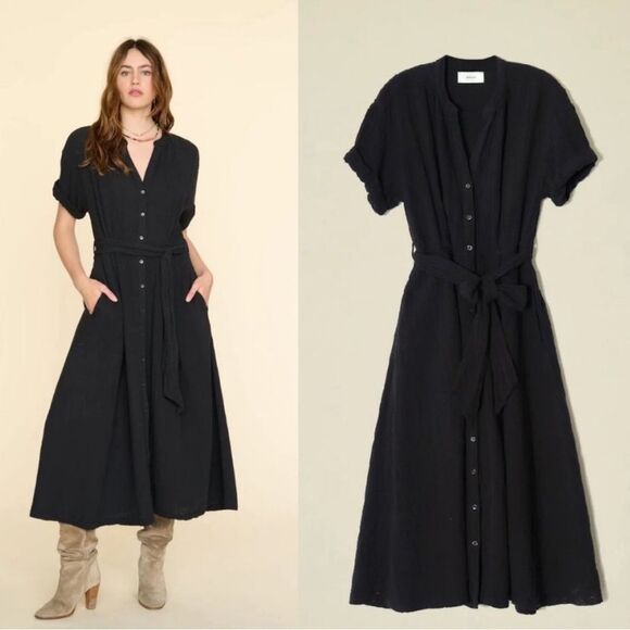 Xirena Cate Midi Dress Black 100% Cotton Gauze Double Cloth Minimalist Pockets S - Picture 1 of 7